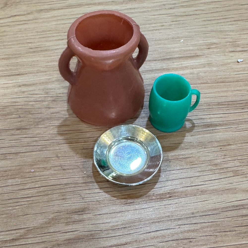 Vintage Dollhouse Miniatures Lot Pitcher Mug Plate Hong Kong Plastic Silver Tone